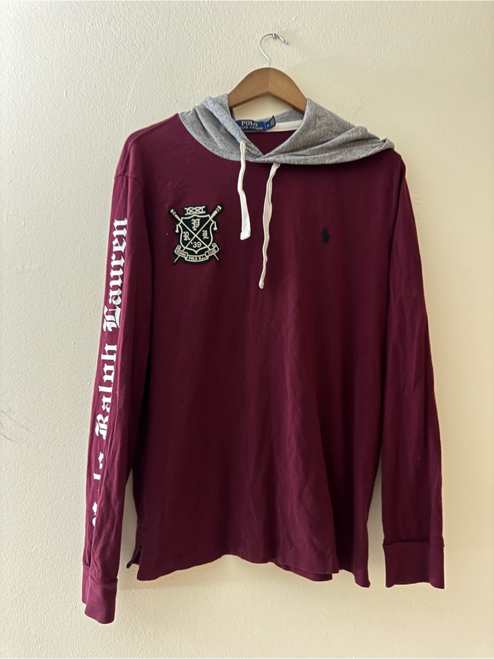 Polo by Ralph Lauren Men's Burgundy Crewneck Hoodie with Gray Hood